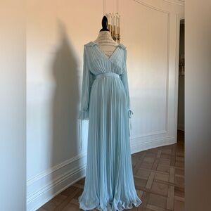Self-Portrait Light Blue Pleated Long Sleeve Dress